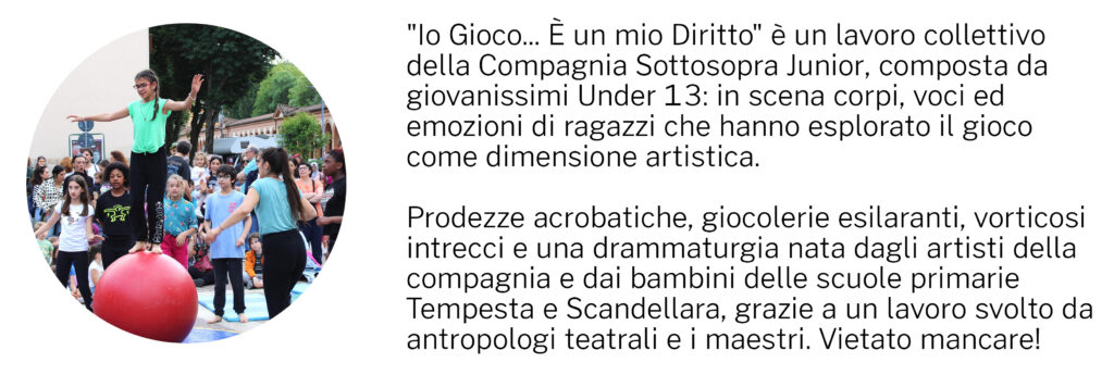 13 settembre Io gioco è un mio diritto, spettacolo di arti circensi della Compagnia Sottosopra Junior, composta da giovanissimi under 13